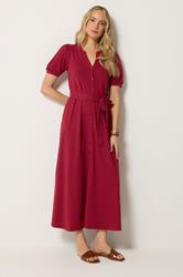 LTS Tall Women's Berry Red Button Belted Cotton Midi Dress | Long Tall Sally  1