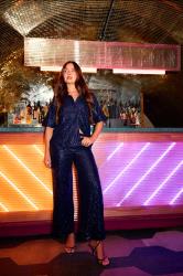 PixieGirl Petite Women's Navy Blue Sequin Embellished Wide Leg Trousers | PixieGirl 1