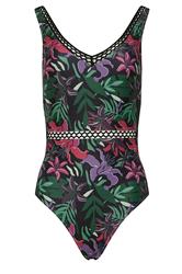 LTS Tall Black Tropical Palm Ladder Trim Swimsuit