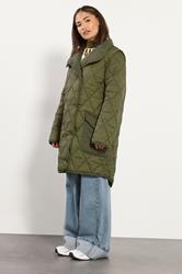 PixieGirl Petite Women's Khaki Green Funnel Neck Quilted Coat | PixieGirl 2