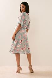 PixieGirl Petite Women's Sage Green Mesh Floral Wrap Midi Dress | PixieGirl 2