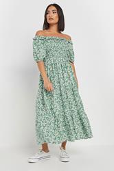 PixieGirl Petite Women's Green Daisy Tiered Bardot Dress | PixieGirl 3