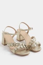 Gold Shimmer Floral Block Heel Sandals In Extra Wide EEE Fit