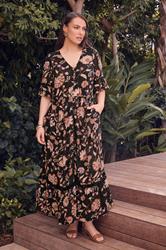 EVANS Plus Size Black Floral Crinkle Button Through Maxi Dress | Evans 3