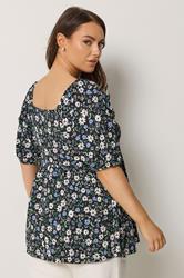 YOURS Plus Size Black Ditsy Floral Peplum Top | Yours Clothing 2