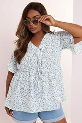 YOURS Plus Size Light Blue Ditsy Floral Tie Front Peplum Top | Yours Clothing 3