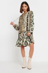 PixieGirl Petite Women's Beige Brown Patchwork Print Tiered Midi Dress | PixieGirl 3