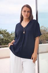 EVANS Plus Size Navy Blue Premium Linen Front Pleat Top | Evans  3