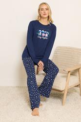 LTS Tall Navy Blue 'Cosy Nights' Slogan Wide Leg Cotton Pyjama Set | Long Tall Sally 1