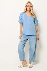 M&Co Light Blue Broderie Cotton Half Placket Top | M&Co 1