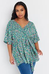 YOURS Plus Size Teal Blue Floral Wrap Textured Top | Yours Clothing 3