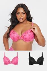 YOURSET 2 PACK Plus Size Black & Pink Floral Lace Embroidered Padded Bras | Yours Clothing 1