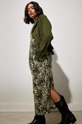 PixieGirl Petite Women's Khaki Green Abstract Animal Long Sleeve Cotton T-Shirt Dress | PixieGirl 1