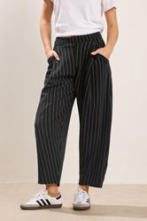 PixieGirl Petite Womens Black Stripe Barrel Leg Trousers | PixieGirl 1