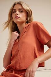 PixieGirl Petite Women's Rust Orange Linen Cropped Short Sleeve Shirt | PixieGirl 3