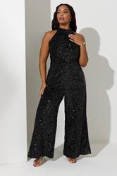 YOURS LONDON Plus Size Black Sequin Velvet Jumpsuit | Yours Clothing 2