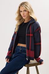 PixieGirl Petite Women's Blue & Red Knitted Check Zip Cardigan | PixieGirl 3