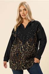 YOURS Plus Size Grey Black Leopard Print Stud Hoodie | Yours Clothing 3