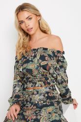 PixieGirl Petite Navy Blue Paisley Print Bardot Top | PixieGirl 4