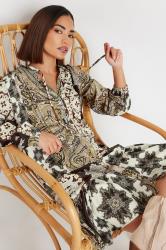 PixieGirl Petite Women's Beige Brown Patchwork Print Tiered Midi Dress | PixieGirl 1