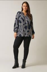 EVANS Plus Size Navy Blue Linear Print Jersey Crepe Blouse | Evans 2