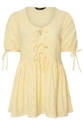 YOURS Curve Yellow Broderie Anglaise Tie Front Peplum Top