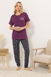 LTS Tall Woman's Burgundy Red 'Sunday Club' Slogan Cotton Pyjama Set | Long Tall Sally 3