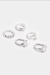 YOURSET 5 PACK Silver Tone Diamante Ring Set | Yours Clothing 3