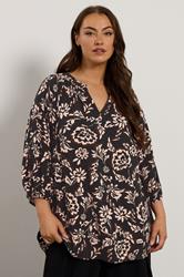 EVANS Plus Size Black Floral Notch Neck Blouse | Evans 3
