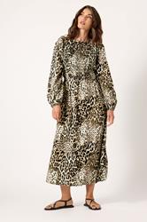 LTS Tall Natural Brown Animal Print Shirred Maxi Dress | Long Tall Sally 1