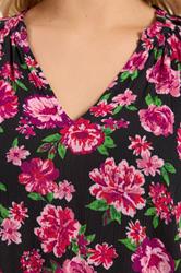 YOURS Plus Size Black & Pink Floral Notch Neck Blouse | Yours Clothng 4