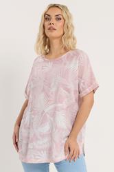 YOURS Plus Size Pink Palm Leaf Linen Boxy T-Shirt | Yours Clothing 1