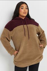 YOURS Plus Size Natural Brown & Burgundy Red Colourblock Teddy Fleece Hoodie | Yours Clothing  3