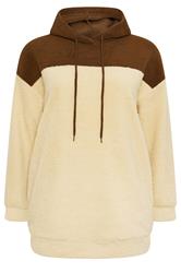 YOURS Curve Natural Brown Colourblock Teddy Fleece Hoodie