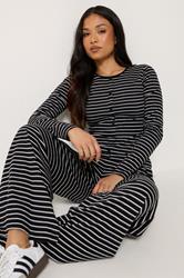 PixieGirl Petite Women's Set Black Stripe Cotton Button Top & Wide Leg Trousers | PixieGirl 1
