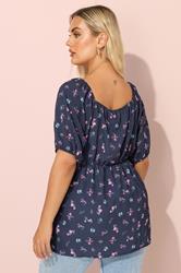 YOURS Plus Size Navy Blue Floral Print Tie Front Top | Yours Clothing 2