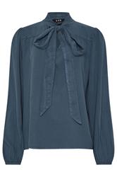 LTS Tall Indigo Blue Acid Wash Tie Neck Blouse