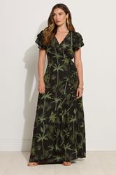 LTS Tall Black Tropical Palm Frill Sleeve Maxi Dress | Long Tall Sally 1