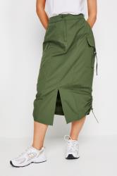 PixieGirl Khaki Green Ruched Cotton Cargo Midi Skirt | PixieGirl  1