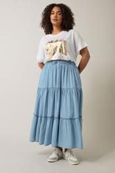 EVANS Plus Size Light Blue Lyocell Denim Tiered Skirt | Evans 3