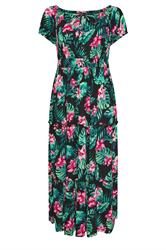 YOURS Curve Black Tropical Tie Neck Bardot Maxi Dress