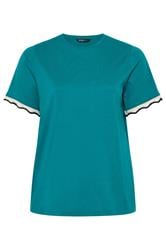 YOURS Curve Teal Blue Metallic Crochet Trim T-Shirt