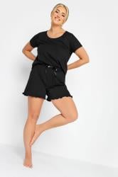 Plus Size Black Cotton Frilll Trim Pyjama Shorts | Yours Clothing 1