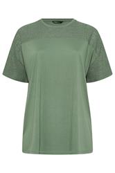 YOURS Curve Khaki Green Woven Panel Oversized T-Shirt