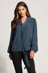 LTS Tall Indigo Blue Acid Wash Tie Neck Blouse | Long Tall Sally 3