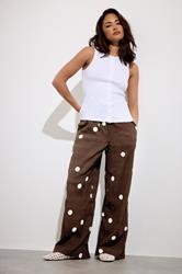 PixieGirl Petite Women's Chocolate Brown Polka Dot Wide Leg Trousers | PixieGirl  3