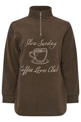 YOURS Plus Size Chocolate Brown 'Coffee Lover Club' Quarter Zip Fleece | Yours Clothing 6