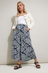 YOURS Plus Size Navy Blue Tile Print Midaxi Culottes | Yours Clothing 1