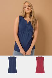 LTS Tall 2 PACK Navy Blue & Red Henley Vest Tops | Long Tall Sally 3