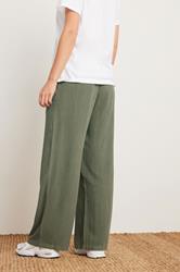 PixieGirl Petite Women's Khaki Green Acid Wash Wide Leg Trousers | PixieGirl 4